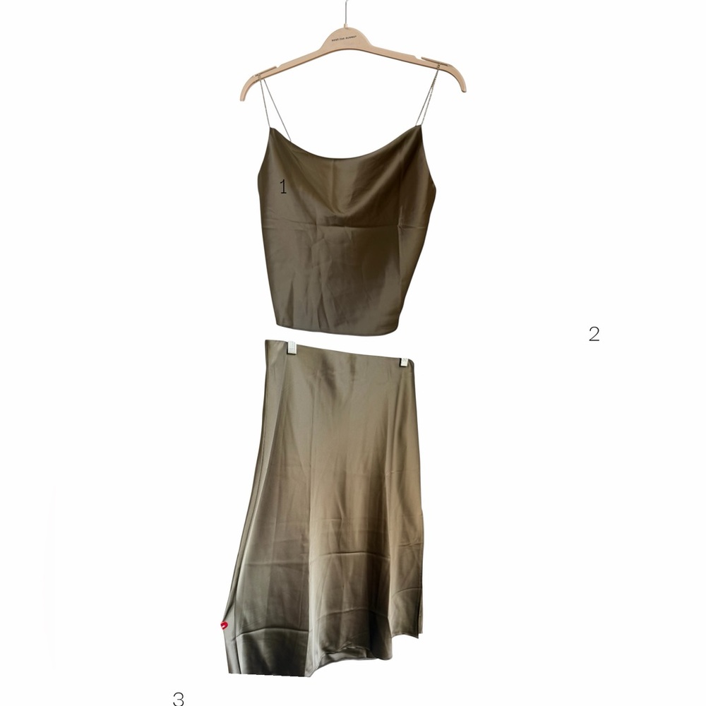 House of Harlow Olive Satin Slip Skirt & Cowl Neck Cami Rhinestone Strap Set